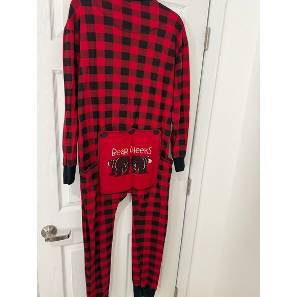 LazyOne - Holiday Pajamas Onesie Adults - Red Plaid Bear Cheeks - Size XL - Picture 3 of 7